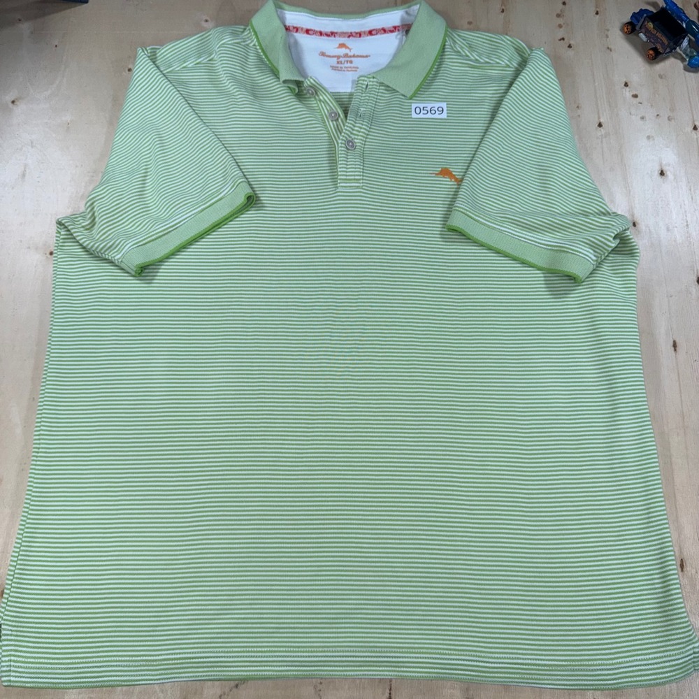 Tommy Bahama Mens XL Polo Shirt Lime Green White Stripe Marlin Short Sleeve